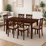 Set masa living extensibila Miami, MDF, lemn masiv, 120 150 x 80 x 73.8 cm si 6 scaune Vienna, tapitat stofa, 94x49x40 cm, nuc bej