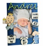 Rama Foto Personalizată Botez/Născut Băiețel, Cadou Lemn cu Poză Bebeluș 10x15 cm