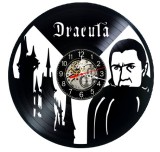 Ceas de perete decorativ realizat din disc de vinil, Model Dracula Castelul Bran Gothic Vampir, Negru, 30 cm