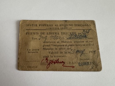Permis de libera trecere -Sfatul Popular al Regiunii Timisoara. foto