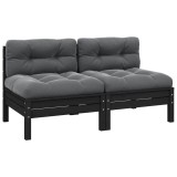 VidaXL Canapea de grădină cu 2 locuri, cu perne, negru, lemn masiv pin 806656