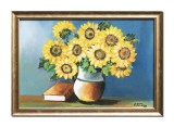 Cumpara ieftin Tablou inramat 65x45cm pictat manual ulei pe panza, Vaza cu floarea soarelui si carte, Constantin Feraru