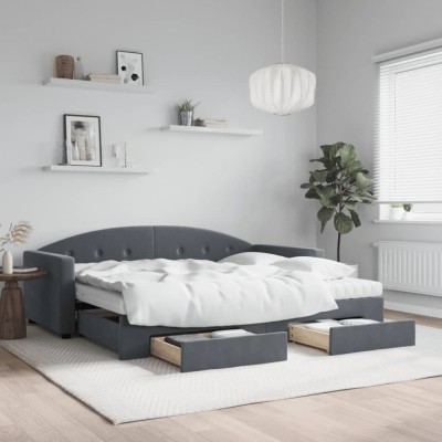 vidaXL Pat de zi cu extensie și sertare gri &amp;icirc;nchis 90x200 cm catifea 3197374 foto