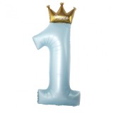 Balon din folie metalizata, flippy, figurina cifra 1, model coroana print, 91 cm, ambalaj individual, pai inclus, umflare cu aer sau heliu, albastru