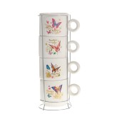 Set 4 cesti ceramice 250 ml cu suport metalic, imprimeu fluturi colorati
