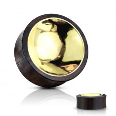 Plug din lemn Sono &icirc;n culoare maro-negru pentru ureche - un cerc colorat auriu - Lățime: 12 mm