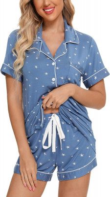 ng Femei Buton &amp;icirc;n jos pijama set V-Neck m&amp;acirc;necă scurtă Sleepwear Soft Pj Seturi S foto