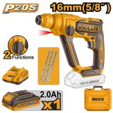 Ciocan Rotopercutor 20V INGCO CRHLI201681E, SDS Plus, 1.5J, 0-850 rpm, 0-5100 bpm, capacitate gaurire beton 16 mm, 1 acumulator 2.0Ah, incarcator, cut