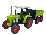 Macheta Tractor verde cu remorca metalica Die-Cast, capota mobila scara 1/24