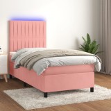vidaXL Pat cu arcuri, saltea și LED, roz, 100x200 cm, catifea 3136232