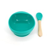 Set 2 piese diversificare bebelusi si copii din silicon eMazing, bol cu ventuza, lingurita din lemn si silicon, pentru gustari,fara alergeni, verde