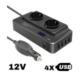 Invertor de Tensiune 12V de la Priza Auto la Priza EU Dubla 230V, Putere 400W, 4 x Porturi USB, 5.4A, Suport PD, Afisaj Digital