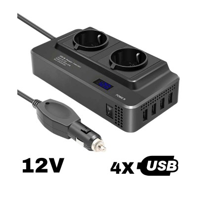 Invertor de Tensiune 12V de la Priza Auto la Priza EU Dubla 230V, Putere 400W, 4 x Porturi USB, 5.4A, Suport PD, Afisaj Digital foto