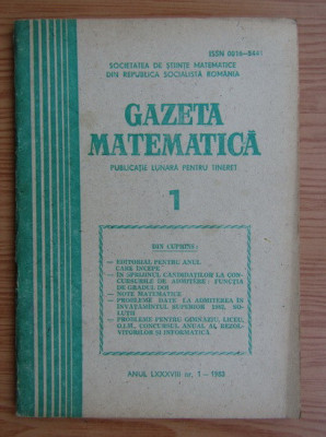 Revista Gazeta Matematica. Anul LXXXVIII, nr. 1 / 1983 foto