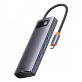 Hub USB Tip C Multifuncțional Baseus Metal Gleam 6 &icirc;n 1 - Alimentare USB Tip C 100 W / 2x HDMI 4K 30 Hz / 3x USB 3.2 Gen 1 Gri (WKWG030113)