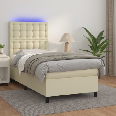 vidaXL Pat cu arcuri, saltea și LED, crem, 100x200 cm, piele ecologică 3135929 foto