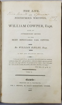 THE LIFE AND POSTHUMOUS WRITINGS OF WILLIAM COWPER by WILLIAM HAYLEY - LONDRA, 1806 foto