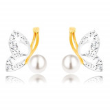 Cercei din aur combinat 9K - fluture cu aripi din aur alb, zirconii, perlă