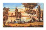 Tablou peisaj apus de soare cu pescari norocosi pictat manual, 100x60cm ulei pe panza Constantin Feraru