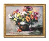 Tablou cu flori pictat manual inramat, Parfumate, 55x45cm ulei pe panza, rama din lemn, Geo Ungureanu