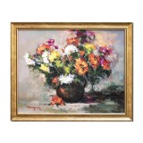 Tablou cu flori pictat manual inramat, Parfumate, 55x45cm ulei pe panza, rama din lemn, Geo Ungureanu
