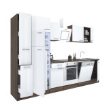 Mobilă de bucătărie Yorki 310, corp din stejar Yorki, față alb satinat, element cuptor inferior, frigider congelator superior