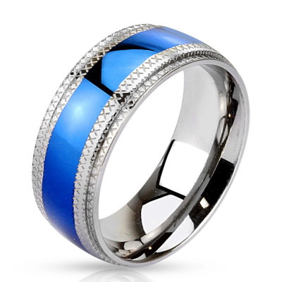 Inel din oțel - f&amp;acirc;șie albastră &amp;icirc;n centru, margini crestate - Marime inel: 60 foto
