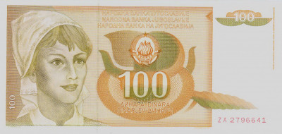 Bancnota Iugoslavia 100 Dinari 1990 - P105 UNC ( replacement - serie ZA ) foto