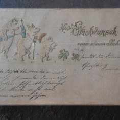 Carte postala circulata Germania 1900, Cei 3 purcelusi, sarbatori fericite,