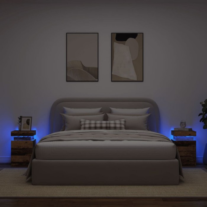 Gossi noptiere, 2 buc cu led lemn invechit 35x39x55 cm lemn prelucrat