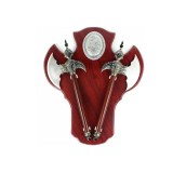 Panoplie Decorativa Lemn Maro cu 2 Topoare, Scut Medieval 55cm, Obiect Colectie, Decor Perete Rustic