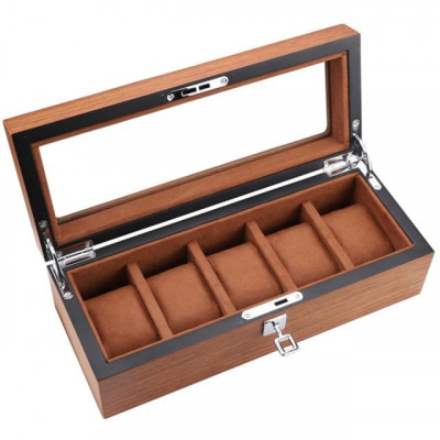 Cutie caseta din lemn pentru depozitare si organizare 5 ceasuri, model Pufo Elite Edition cu cheita, maro foto