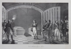 NAPOLEON BONAPARTE VISITE AU TOMBEAU DU GRAND FREDERIC ( NAPOLEON BONAPARTE LA MORMANTUL LUI FREDERIC CEL MARE ) LITOGRAFIE de C. MOTTE , MONOCROMA foto