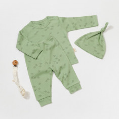 Set 3 piese:bluza, pantaloni si caciulita Printed, BabyCosy, 50% modal+50% bumbac, Verde (Marime: 3-6 Luni)