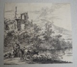 Jan Both &quot;Doua vaci langa rau&quot; gravura veche cca 1644-52, Peisaje, Cerneala, Altul