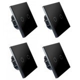 Set 4 Intrerupatoare duble cu touch Brius&trade;, cu nul, sticla securizata, ignifug, indicator LED noapte/zi, rezistent la zgarieturi si anti-amprente, ide