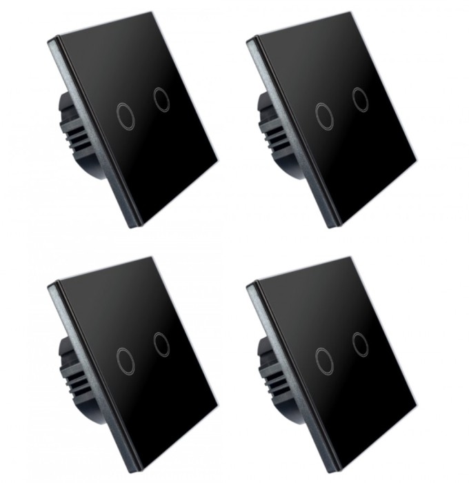 Set 4 Intrerupatoare duble cu touch Brius&trade;, cu nul, sticla securizata, ignifug, indicator LED noapte/zi, rezistent la zgarieturi si anti-amprente, ide