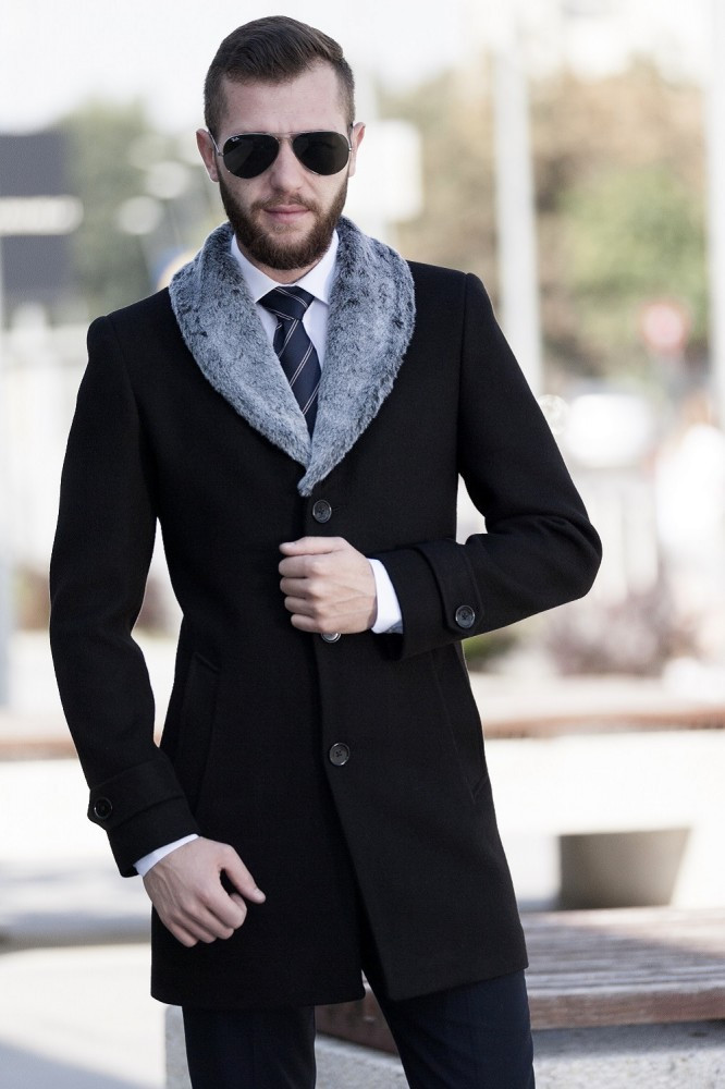 Palton barbati negru cu blana gri B138, 44, 46, 48, 50, 52, 54 | Okazii.ro