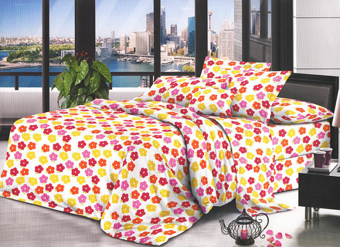 Lenjerie de pat pentru o persoana cu husa elastic pat si 2 fete perna patrata, Anatole, bumbac mercerizat, multicolor