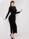 Cumpara ieftin Rochie maxi cu maneca lunga si slit, negru, dama, Shein