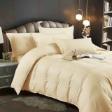 Lenjerie pat dublu cu 6 piese,damasc satinat,cearceaf cu elastic,dungi 1cm,crem-A1391