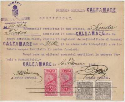 Romania, Primaria comunala, Certificat, Caleamare, 1928 foto