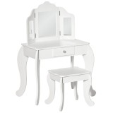 HOMCOM Coafatoare pentru Copii cu Taburet, oglindă triptică și Sertar Culisant - Dimensiuni Coafatoare 63L x 40l x 85,5H cm - Alb Acrilic | Aosom Roma