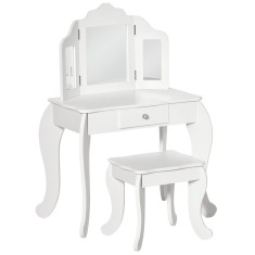 HOMCOM Coafatoare pentru Copii cu Taburet, oglindă triptică și Sertar Culisant - Dimensiuni Coafatoare 63L x 40l x 85,5H cm - Alb Acrilic | Aosom Roma