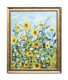 Cumpara ieftin Tablou floarea soarelui si margarete pictat manual inramat, 55x45cm ulei pe panza, rama din lemn, Stefan Bilibou