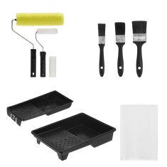 Set Ustensile Zugravit, 10 Piese, Tavite Diverse Dimensiuni, Trafalete Si Pensule, Folie Acoperitoare, Multicolor