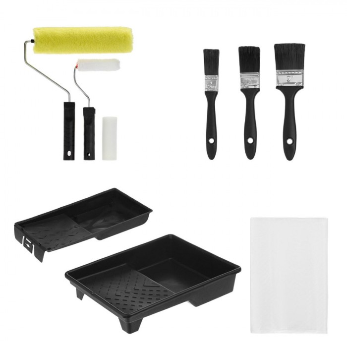Set Ustensile Zugravit, 10 Piese, Tavite Diverse Dimensiuni, Trafalete Si Pensule, Folie Acoperitoare, Multicolor