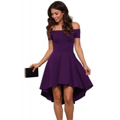 B516-11 Rochie skater asimetrica, de cocktail, cu decolteu bardot