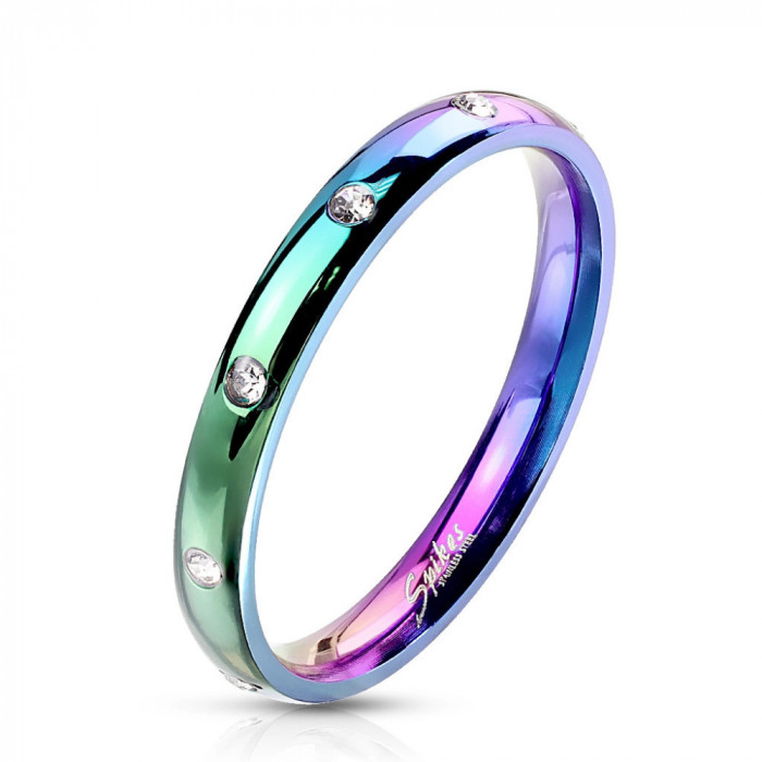 Inel din oțel &icirc;ntr-o nuanță curcubeu - zirconii clare rotunde, 3 mm - Marime inel: 49