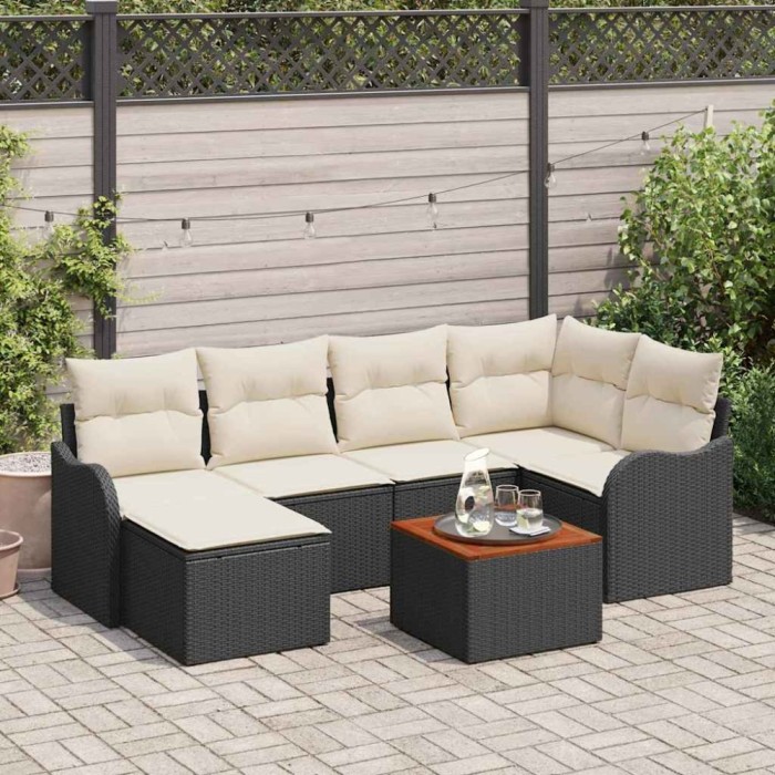 Set de canapele de grădină , 7 piese, cu perne, din ratan polimer negru și acacia.